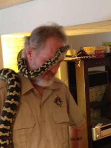 Snake getting mighty comfy on the reptile handler. I was cringing inside the whole time.